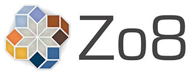 Zo8 logo with eight colored facets in orange and blue