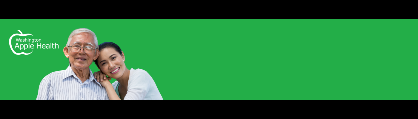 Older Asian couple standing close together with the man's arm around the woman. On a bright green background. The Apple Health logo is to the left.